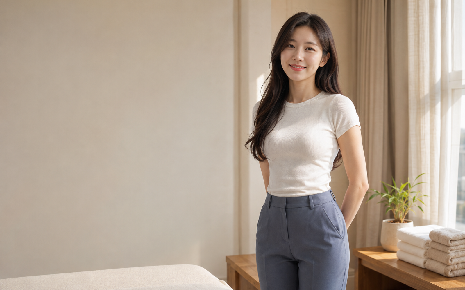 성남 야탑 방문 홈케어를 안내하는 젊은 성인 한국 여성 관리사